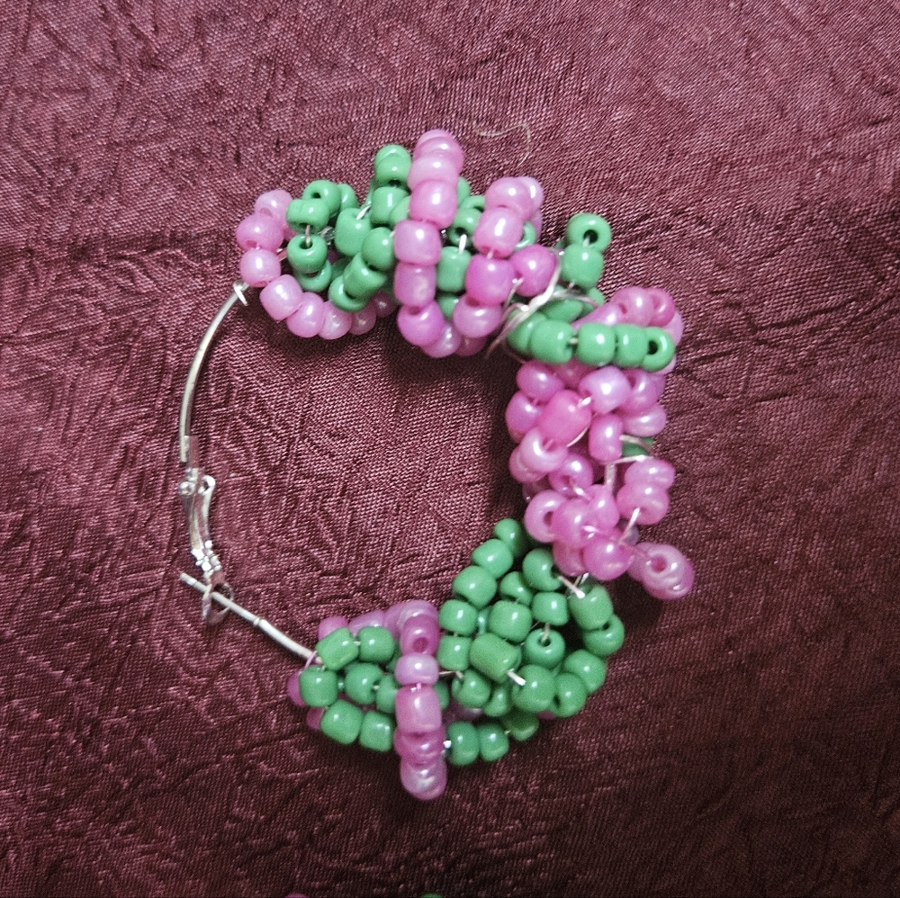 Pink and Green Hoop Beaded Earrings